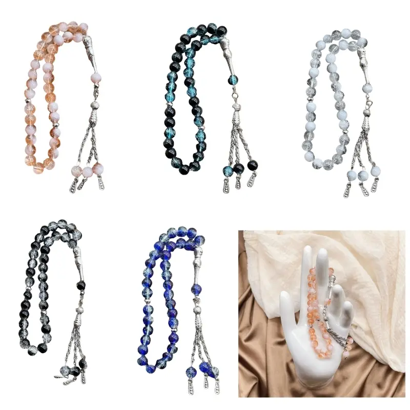 652F Islamic 33 Beads Rosary Ice Cracked Glass Tasbih Handmade Bracelet for Muslims Worship and Meditation Ceremony Use