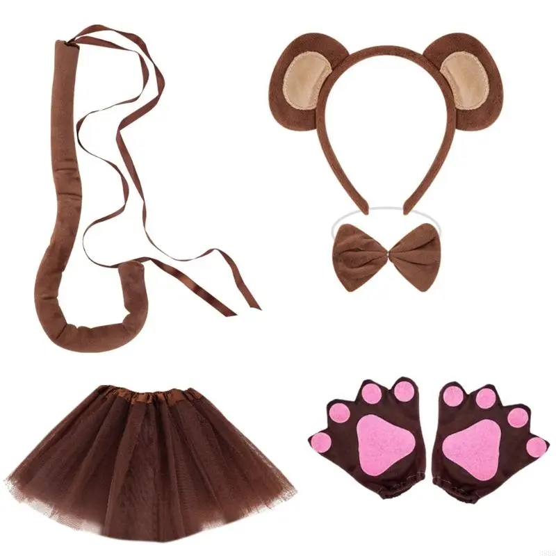 652F Monkey Costume Monkey Ear Headband Tail Bowtie Glove and Skirt Halloween Lemur Dress up Outfit for Kid Halloween Cosplay