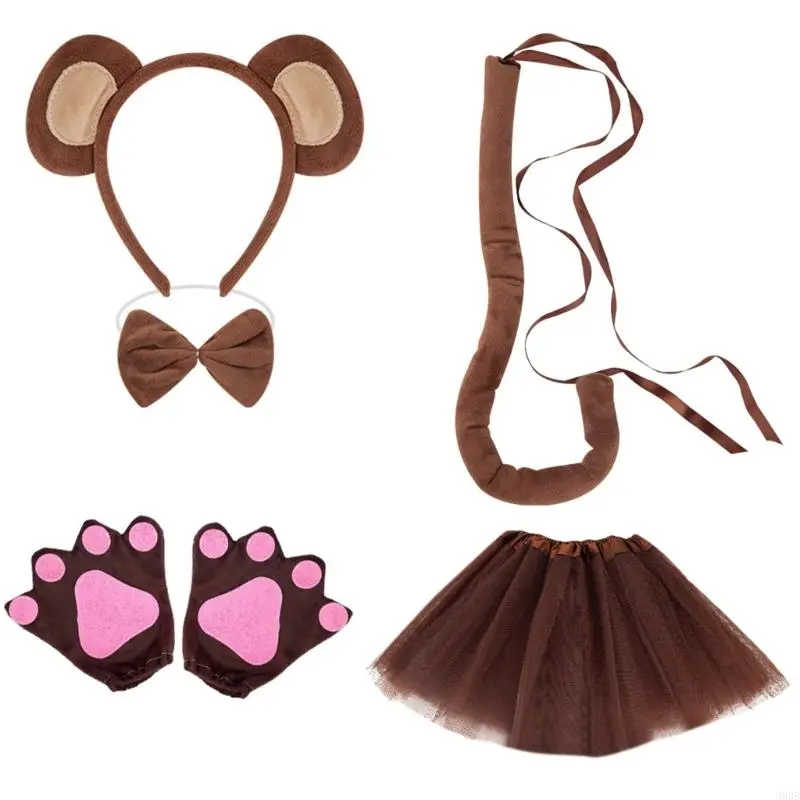 652F Monkey Costume Monkey Ear Headband Tail Bowtie Glove and Skirt Halloween Lemur Dress up Outfit for Kid Halloween Cosplay