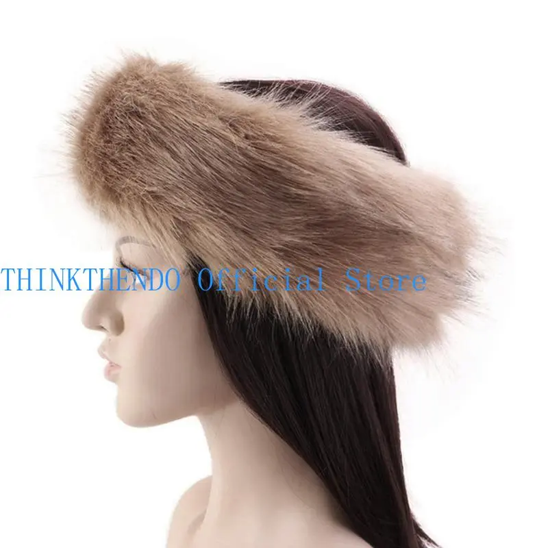 652F Fashion  Winter Warm  Wide Headband Elastic Outdoor Ski Hats Furry Ear Warmer Soft Warm Earmuff for Women