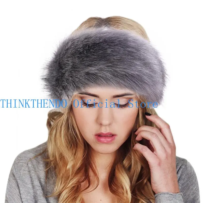 652F Fashion  Winter Warm  Wide Headband Elastic Outdoor Ski Hats Furry Ear Warmer Soft Warm Earmuff for Women
