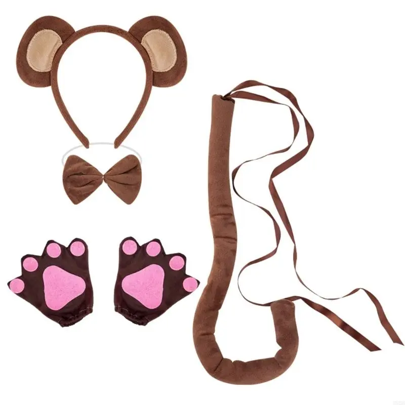 652F Monkey Costume Monkey Ear Headband Tail Bowtie Glove and Skirt Halloween Lemur Dress up Outfit for Kid Halloween Cosplay