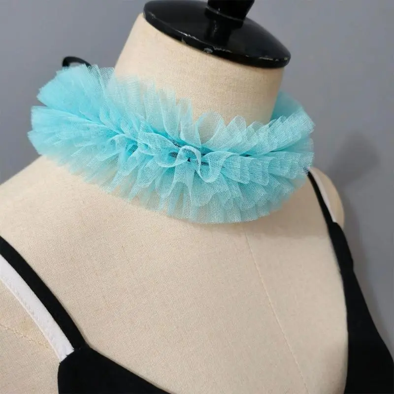 652F Women's Elegant Layered Mesh Neck Ruff Collar Choker Ruffled False Sleeve Wrist Cuffs for Masquerades and Dress Up Event