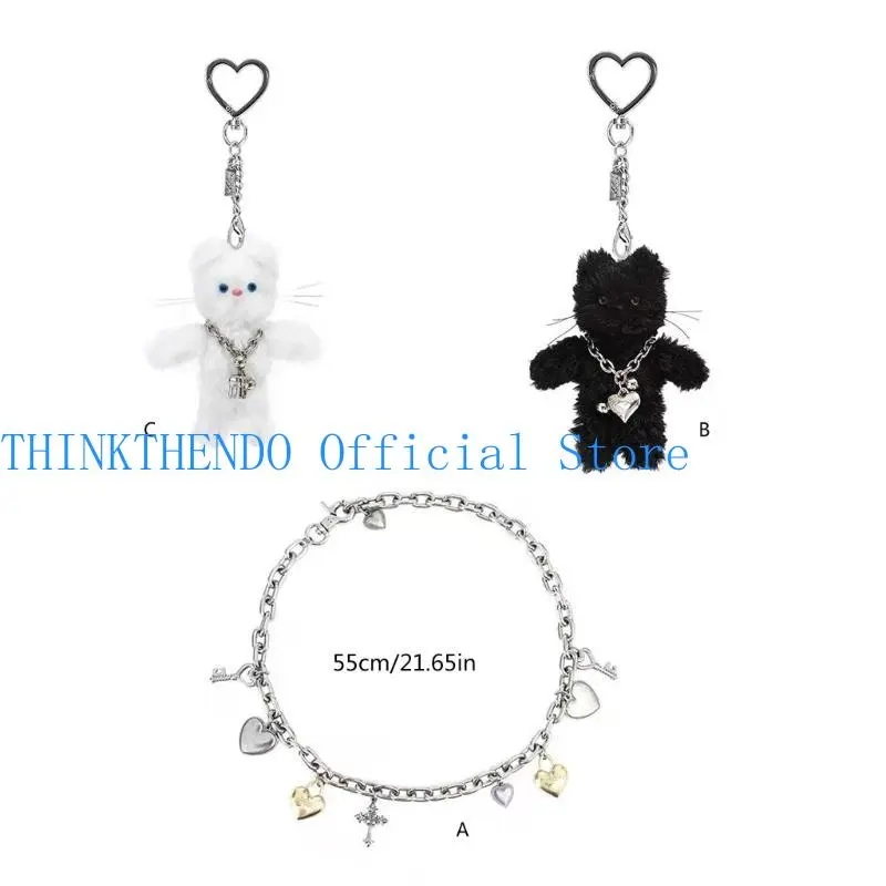 39BB Trendy Charm Pendant Waist Chain with Love Heart Pendant Cats Theme Waist Chain Keychain Ornament for Adult and Teens