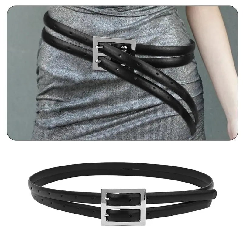 652F Fashionable Unisex Belt With Double Buckles Vintage Wide Leather Waist Belt for Work Meetings and Social Event