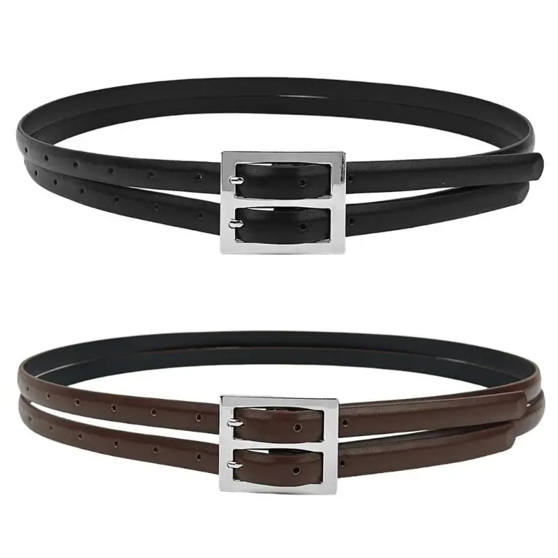 652F Fashionable Unisex Belt With Double Buckles Vintage Wide Leather Waist Belt for Work Meetings and Social Event