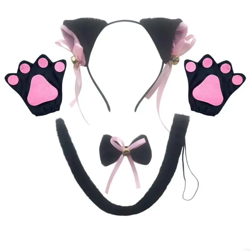 652F Cats Roleplay Costume Set for Women Plush Ear Headbands/Collar/Tail/Paws Gloves Halloween Party Anime Props Clothing
