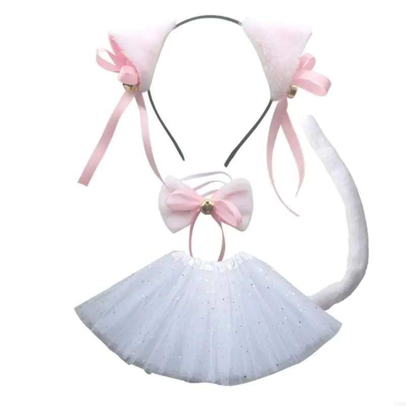 652F Cats Roleplay Costume Set for Women Plush Ear Headbands/Collar/Tail/Paws Gloves Halloween Party Anime Props Clothing