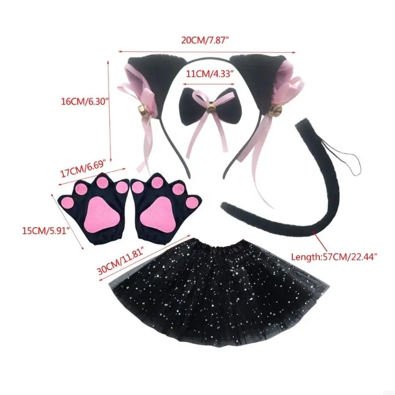 652F Cats Roleplay Costume Set for Women Plush Ear Headbands/Collar/Tail/Paws Gloves Halloween Party Anime Props Clothing