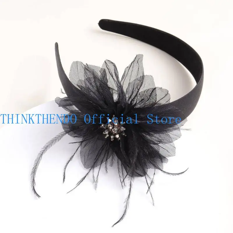 652F 1920s Flower Headband for Women Flapper Headpiece Accessories for Cosplay Party Elegant Beading Feathered Headband