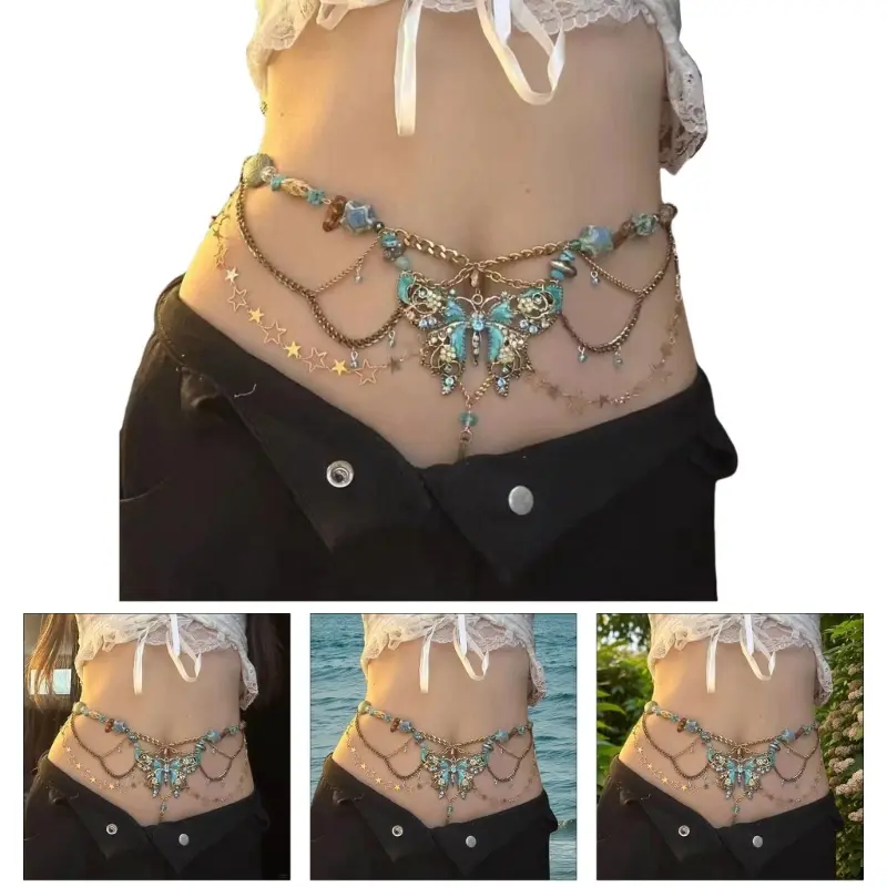 652F Multilayer Butterfly Waist Belt Belly Chain for Dress Chain Belt for Women Waist Chain Belt Belly Dance Accessories