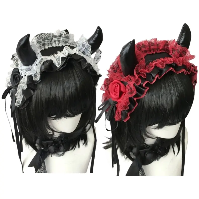 652F Devil Horn Headband Headpiece Gothic Lace Hairband Gothic Costume Accessories For Women Halloween Cosplay Music Festival