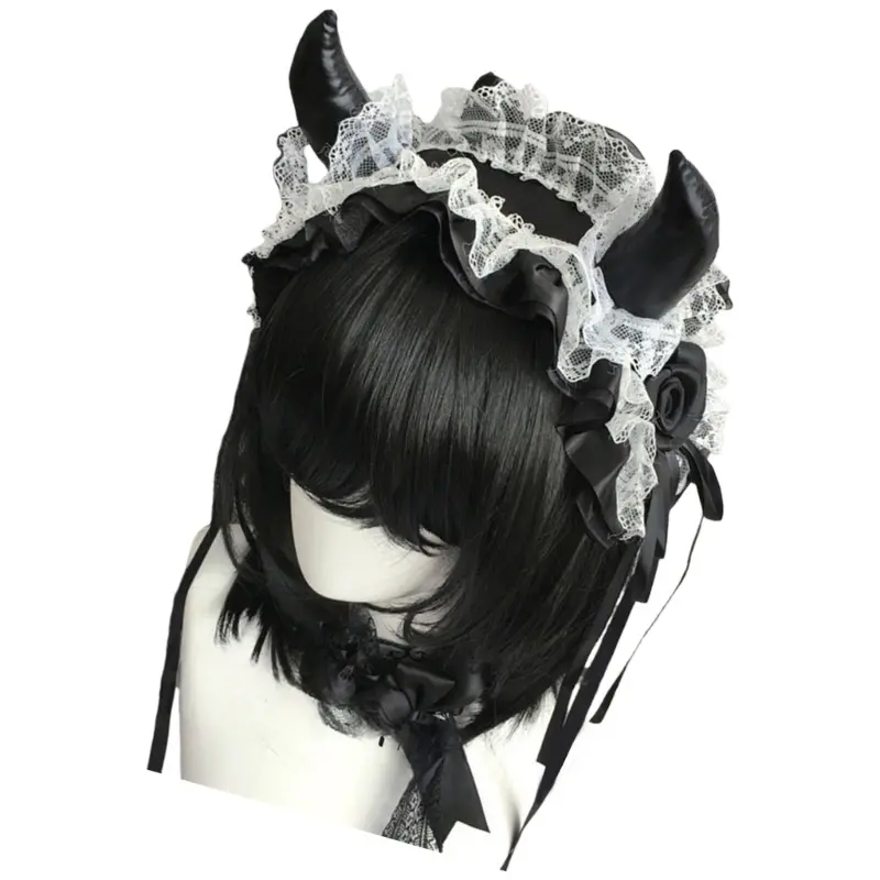 652F Devil Horn Headband Headpiece Gothic Lace Hairband Gothic Costume Accessories For Women Halloween Cosplay Music Festival