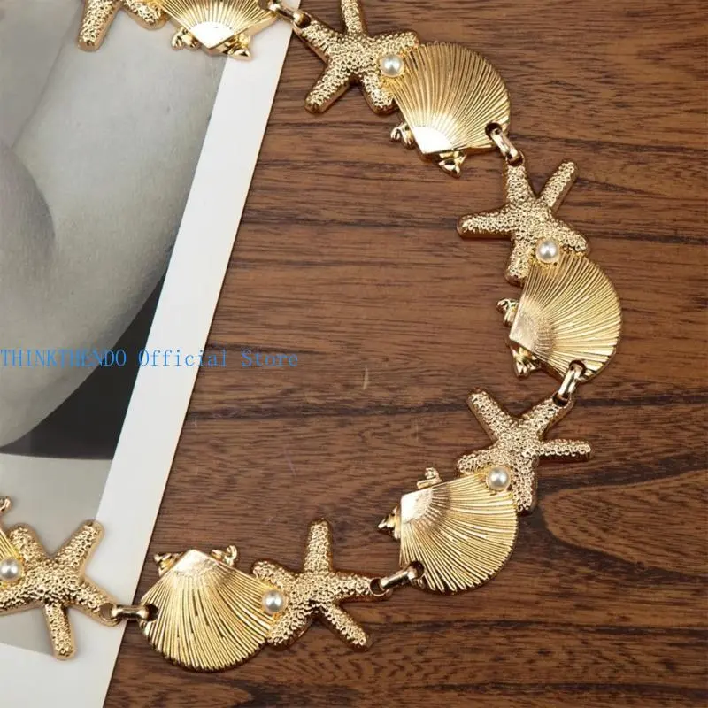 652F Elegant Sea Star Waist Chain Belly Chain with Metal Shells and Pearls Charm For Beach Vacations And Summer Parties