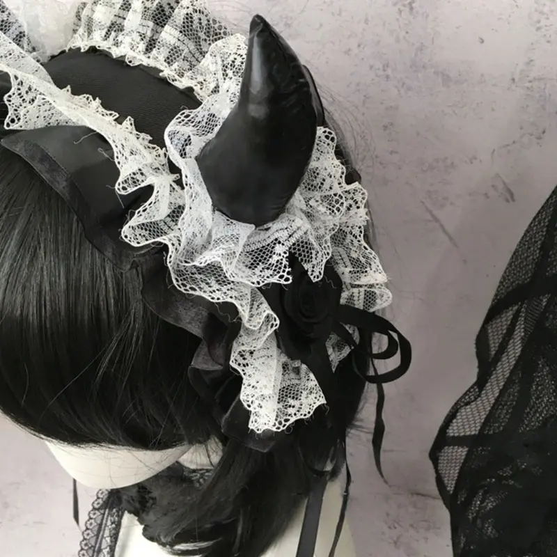 652F Devil Horn Headband Headpiece Gothic Lace Hairband Gothic Costume Accessories For Women Halloween Cosplay Music Festival