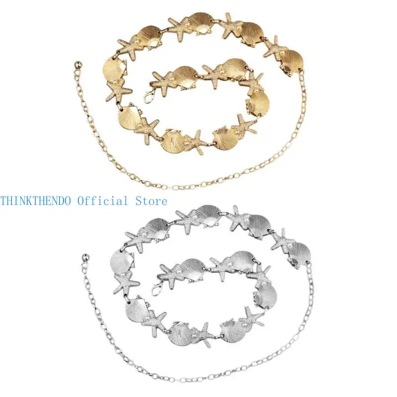 652F Elegant Sea Star Waist Chain Belly Chain with Metal Shells and Pearls Charm For Beach Vacations And Summer Parties