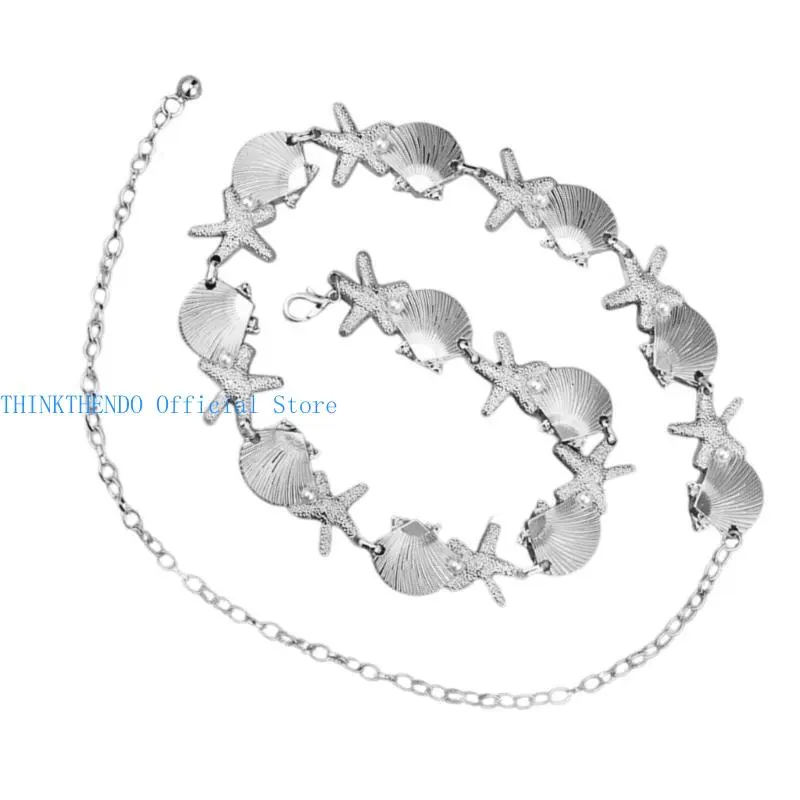 652F Elegant Sea Star Waist Chain Belly Chain with Metal Shells and Pearls Charm For Beach Vacations And Summer Parties