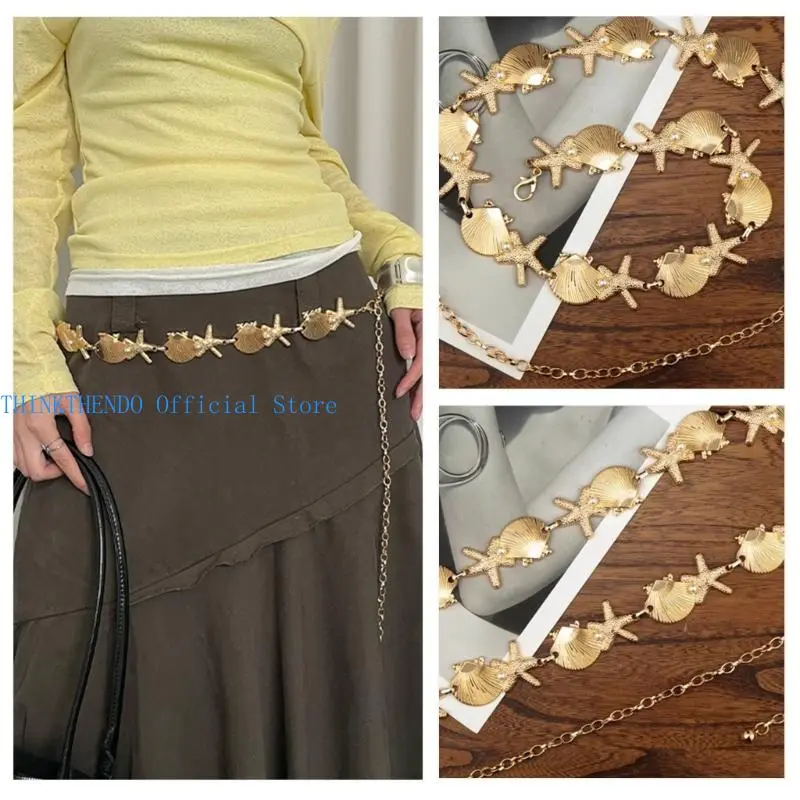 652F Elegant Sea Star Waist Chain Belly Chain with Metal Shells and Pearls Charm For Beach Vacations And Summer Parties