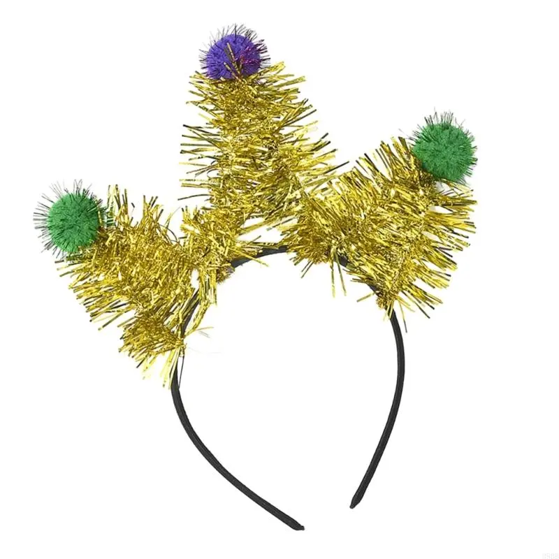 652F Shimmering Carnivals Party Accessories Pompoms Headband for Mardi Gras Festival Theme Party Props Hairband Holiday Props