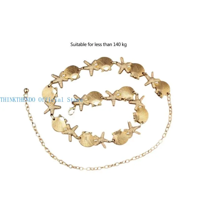 652F Elegant Sea Star Waist Chain Belly Chain with Metal Shells and Pearls Charm For Beach Vacations And Summer Parties