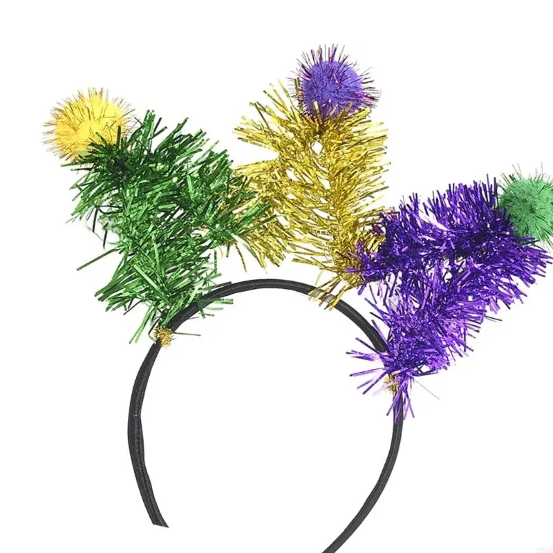 652F Shimmering Carnivals Party Accessories Pompoms Headband for Mardi Gras Festival Theme Party Props Hairband Holiday Props