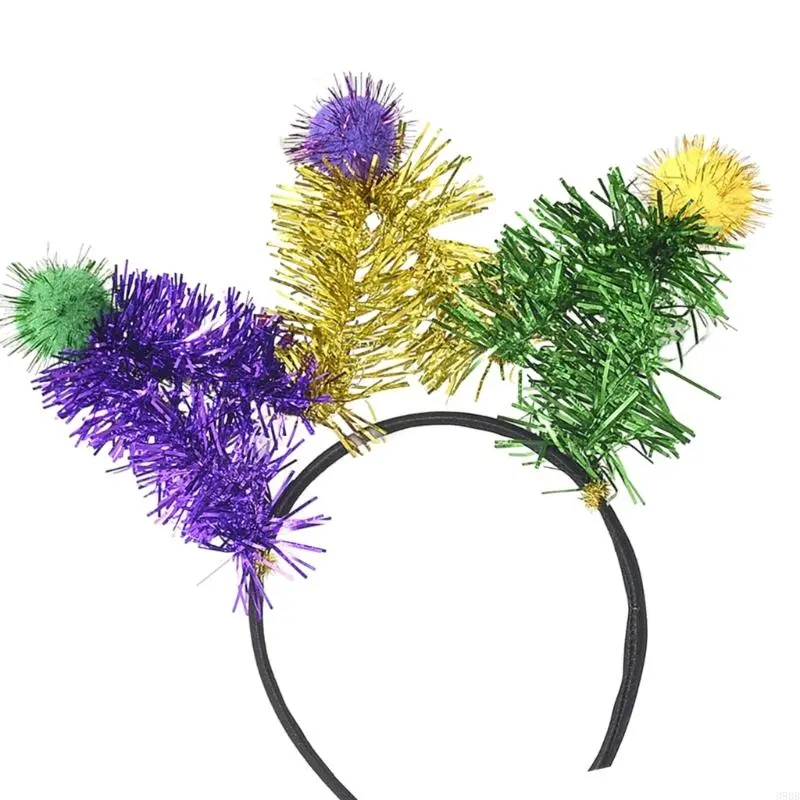 652F Shimmering Carnivals Party Accessories Pompoms Headband for Mardi Gras Festival Theme Party Props Hairband Holiday Props