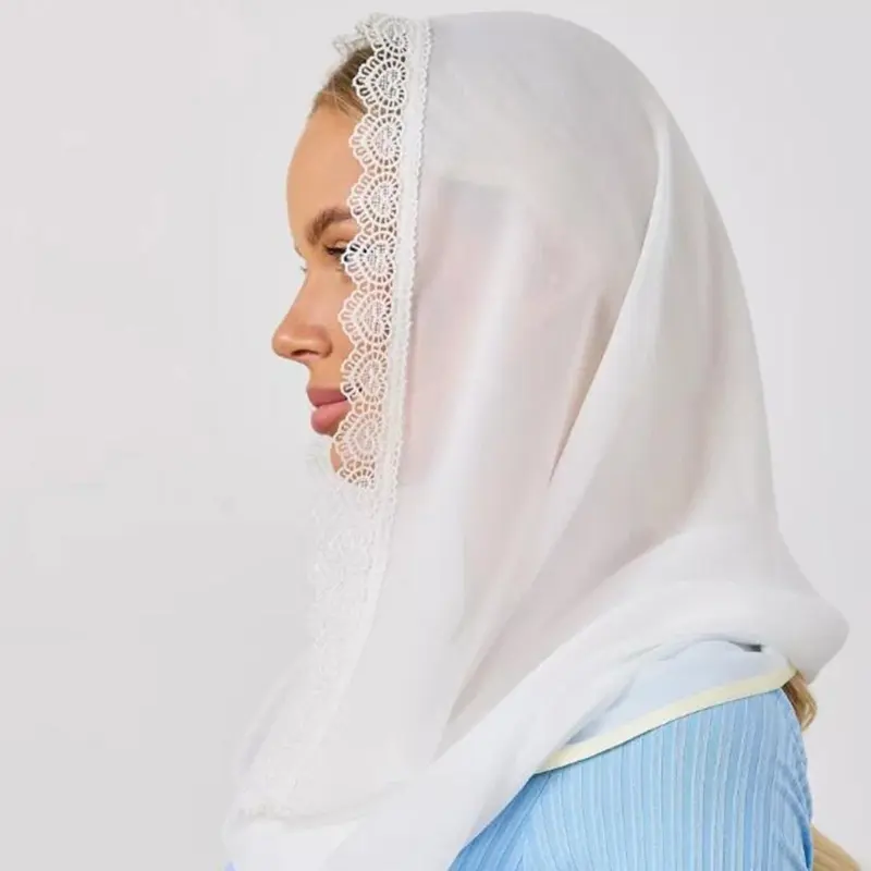 652F Elegant Church Scarf with Delicate Lace Edging for Catholic Christian Women Girls Baptism Communion Vatican Visits