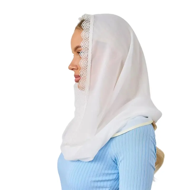 652F Elegant Church Scarf with Delicate Lace Edging for Catholic Christian Women Girls Baptism Communion Vatican Visits
