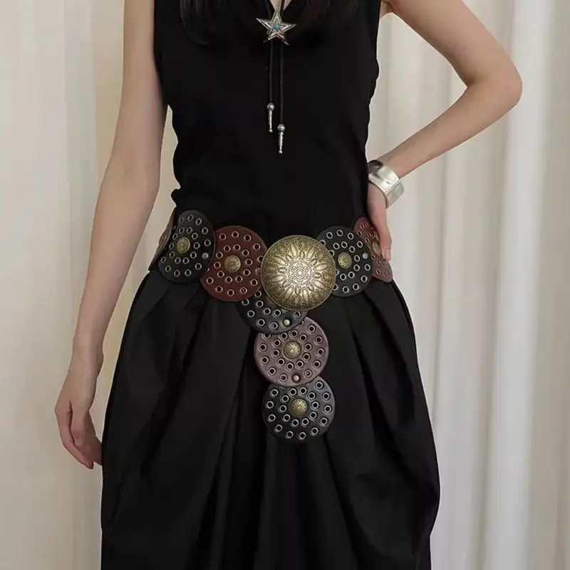 652F Girls Retro Waist Belt for Daily Costume Grommet Stylish Belt Body Jewelry for Party Jeans Belt for Music Festival
