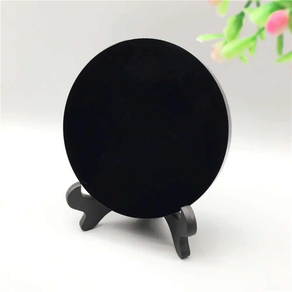 White Stand Obsidian Disc Mirror ​ Crystal Craft Round Black Crystal Ornaments Handicraft Natural Obsidian Ornaments