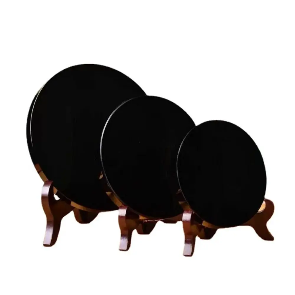 White Stand Obsidian Disc Mirror ​ Crystal Craft Round Black Crystal Ornaments Handicraft Natural Obsidian Ornaments