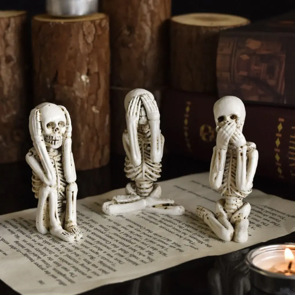 3pcs Creative Resin No Listen No Look No Say Skull Gothic Decorative Skeleton Sculpture Mini Skull Statue Decor Desk