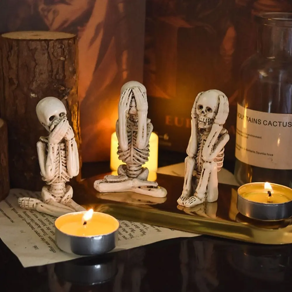 3pcs Creative Resin No Listen No Look No Say Skull Gothic Decorative Skeleton Sculpture Mini Skull Statue Decor Desk