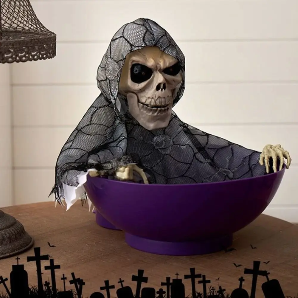 Electric Skeleton Halloween Candy Bowl Glowing Battery Powered Fruit Bowl Plastic Halloween Ghost Ornament Haunted House