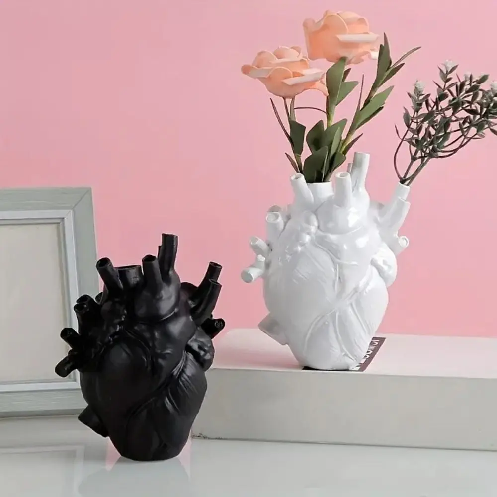 Creative Heart Shaped Vase 5 Colors Anatomy Themed Heart Vase Resin Figurine Ornament Sculpture Flower Vessel Desktop Display