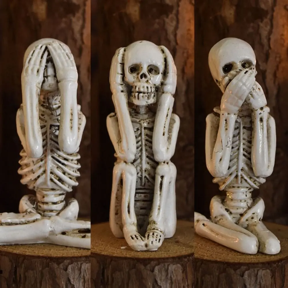 3pcs Creative Resin No Listen No Look No Say Skull Gothic Decorative Skeleton Sculpture Mini Skull Statue Decor Desk