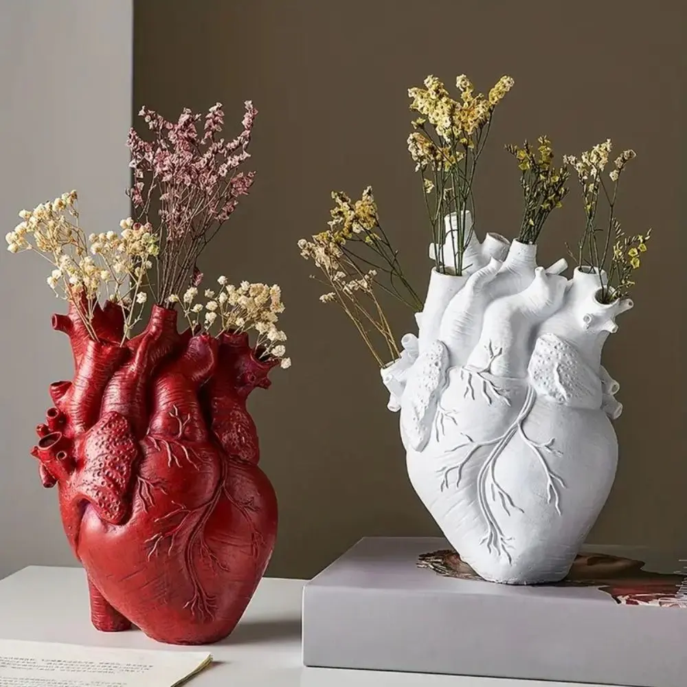 Creative Heart Shaped Vase 5 Colors Anatomy Themed Heart Vase Resin Figurine Ornament Sculpture Flower Vessel Desktop Display