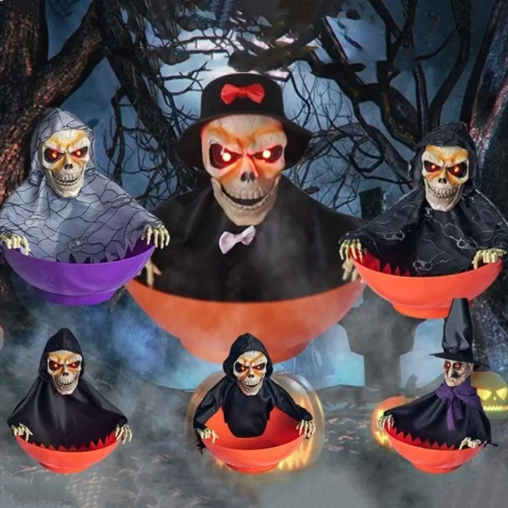 Electric Skeleton Halloween Candy Bowl Glowing Battery Powered Fruit Bowl Plastic Halloween Ghost Ornament Haunted House