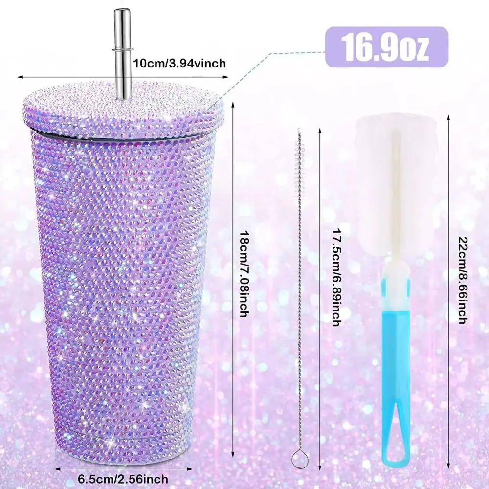 500ml/750ml Rhinestone Thermos Bottles Double Layer Shining Glitter Coffee Cup with Lid Straw Reusable Vacuum Flasks Lovers