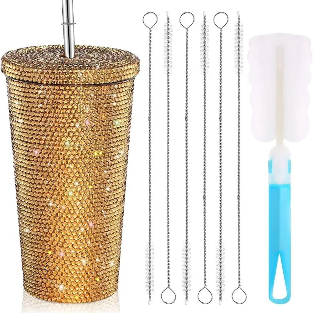 500ml/750ml Rhinestone Thermos Bottles Double Layer Shining Glitter Coffee Cup with Lid Straw Reusable Vacuum Flasks Lovers