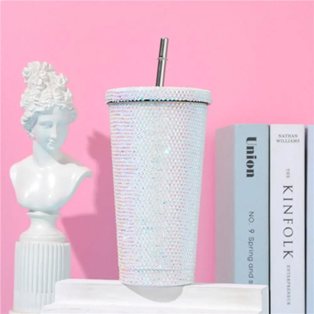 500ml/750ml Rhinestone Thermos Bottles Double Layer Shining Glitter Coffee Cup with Lid Straw Reusable Vacuum Flasks Lovers