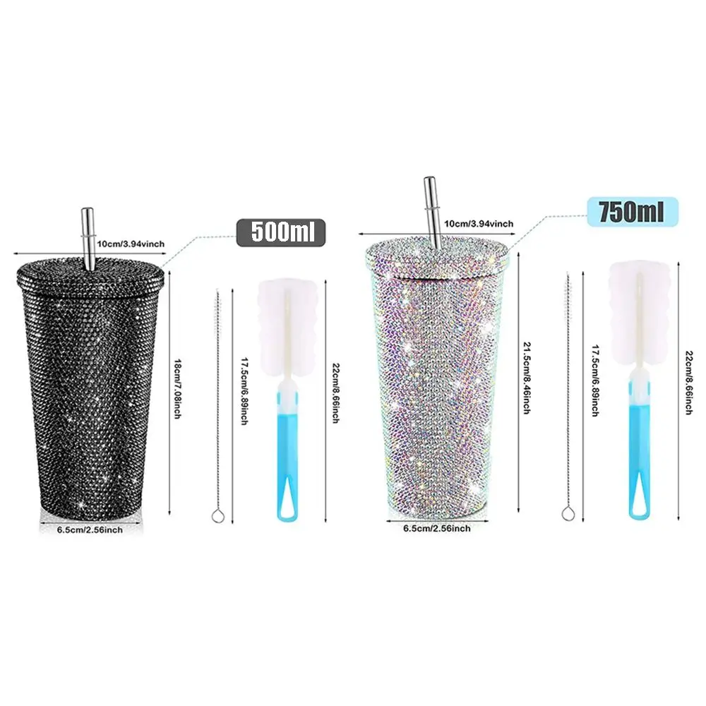500ml/750ml Rhinestone Thermos Bottles Double Layer Shining Glitter Coffee Cup with Lid Straw Reusable Vacuum Flasks Lovers