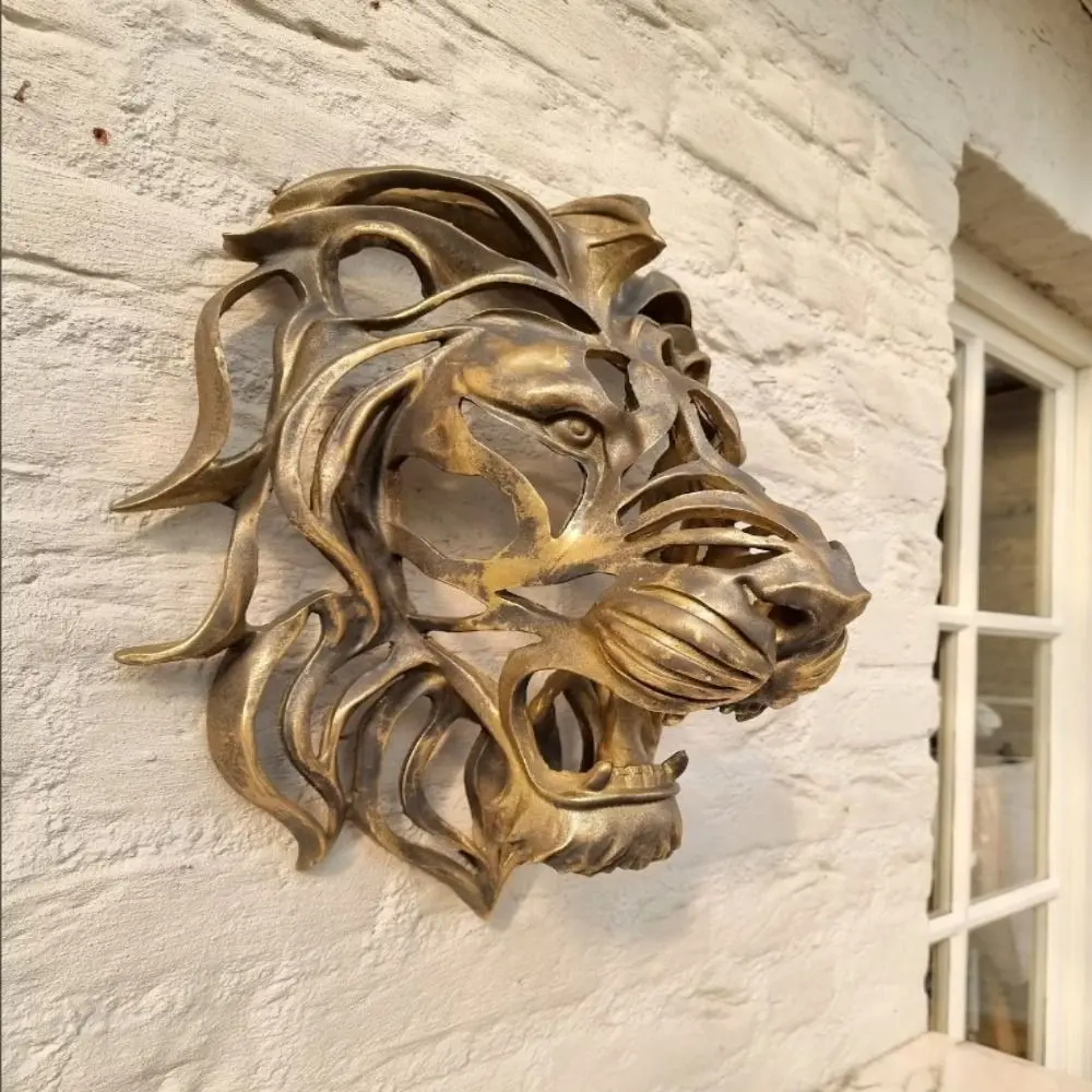 Gold Hollow Lion Head Statue Lion Head Shape Powerful Symbolism Lion Head Wall Mounted Resin Art Large Lion Head Sculpture