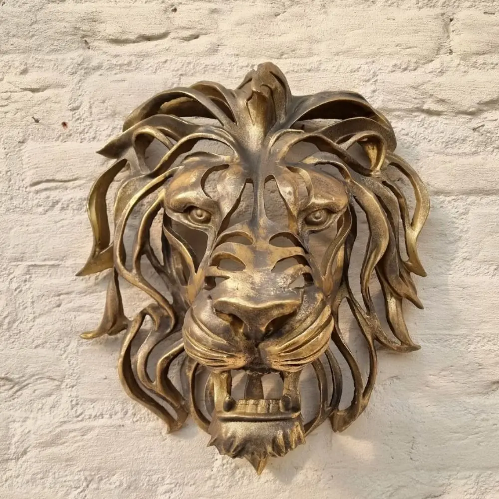 Gold Hollow Lion Head Statue Lion Head Shape Powerful Symbolism Lion Head Wall Mounted Resin Art Large Lion Head Sculpture