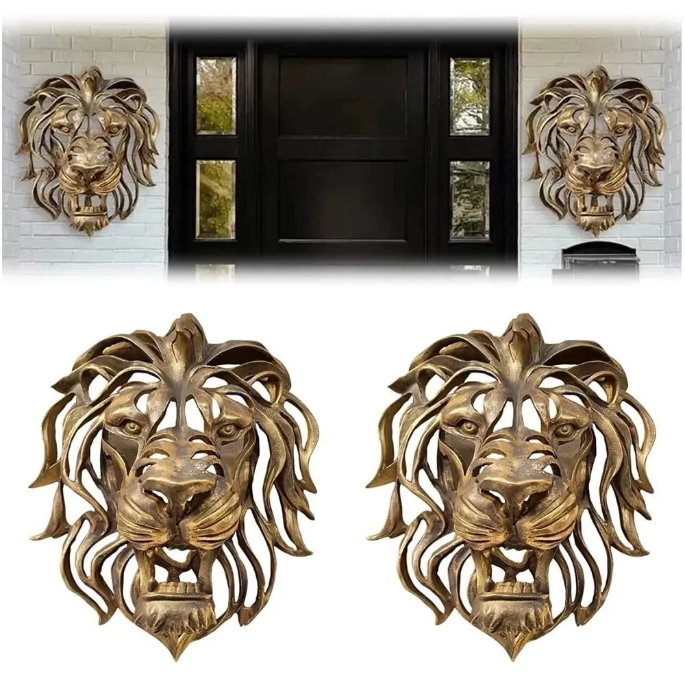 Gold Hollow Lion Head Statue Lion Head Shape Powerful Symbolism Lion Head Wall Mounted Resin Art Large Lion Head Sculpture