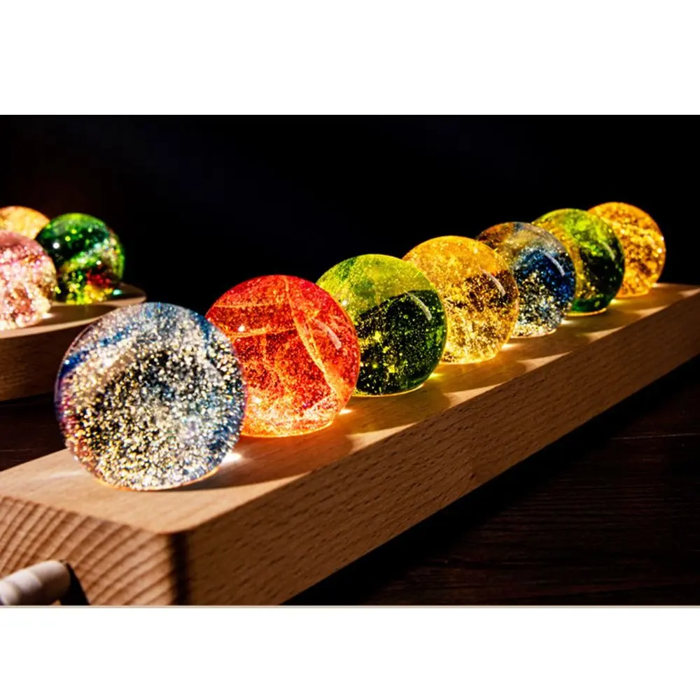 LED Wood Stand 7 Colorful Glass Ball Shiny Rectangle/Round Base Crystal Ball Night Lamp USB Plug in Detachable