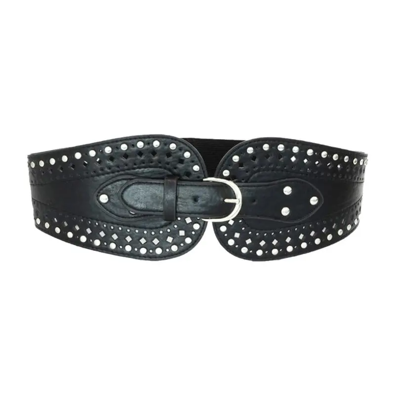 652F Trendy Wide Waist Belt Rock Styles Rivets Waistband Adjustable Studded Belt Women Accessories
