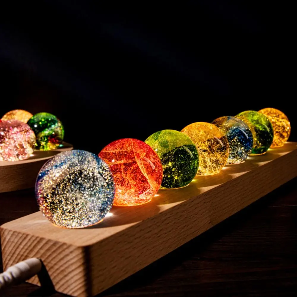 LED Wood Stand 7 Colorful Glass Ball Shiny Rectangle/Round Base Crystal Ball Night Lamp USB Plug in Detachable