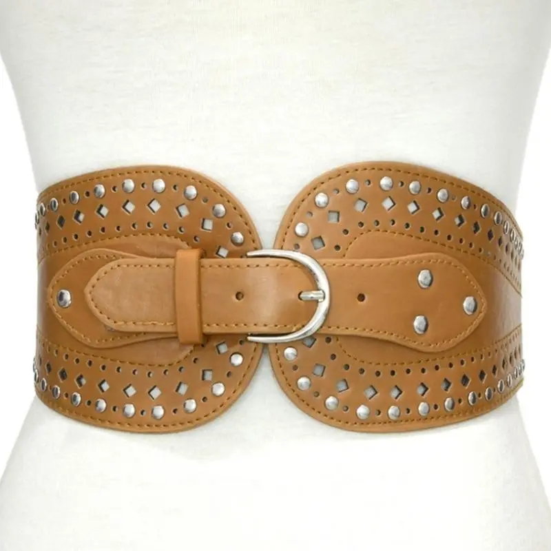 652F Trendy Wide Waist Belt Rock Styles Rivets Waistband Adjustable Studded Belt Women Accessories