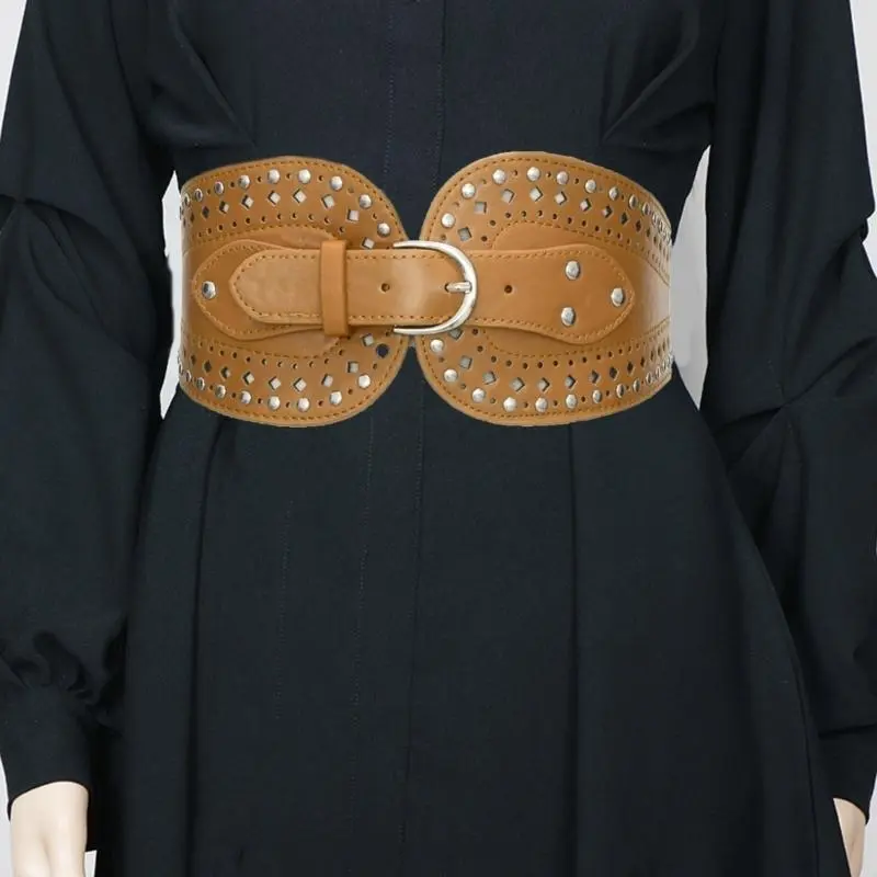 652F Trendy Wide Waist Belt Rock Styles Rivets Waistband Adjustable Studded Belt Women Accessories